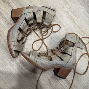 freebird Beige Lace-Up Cutout Block Heel Boots